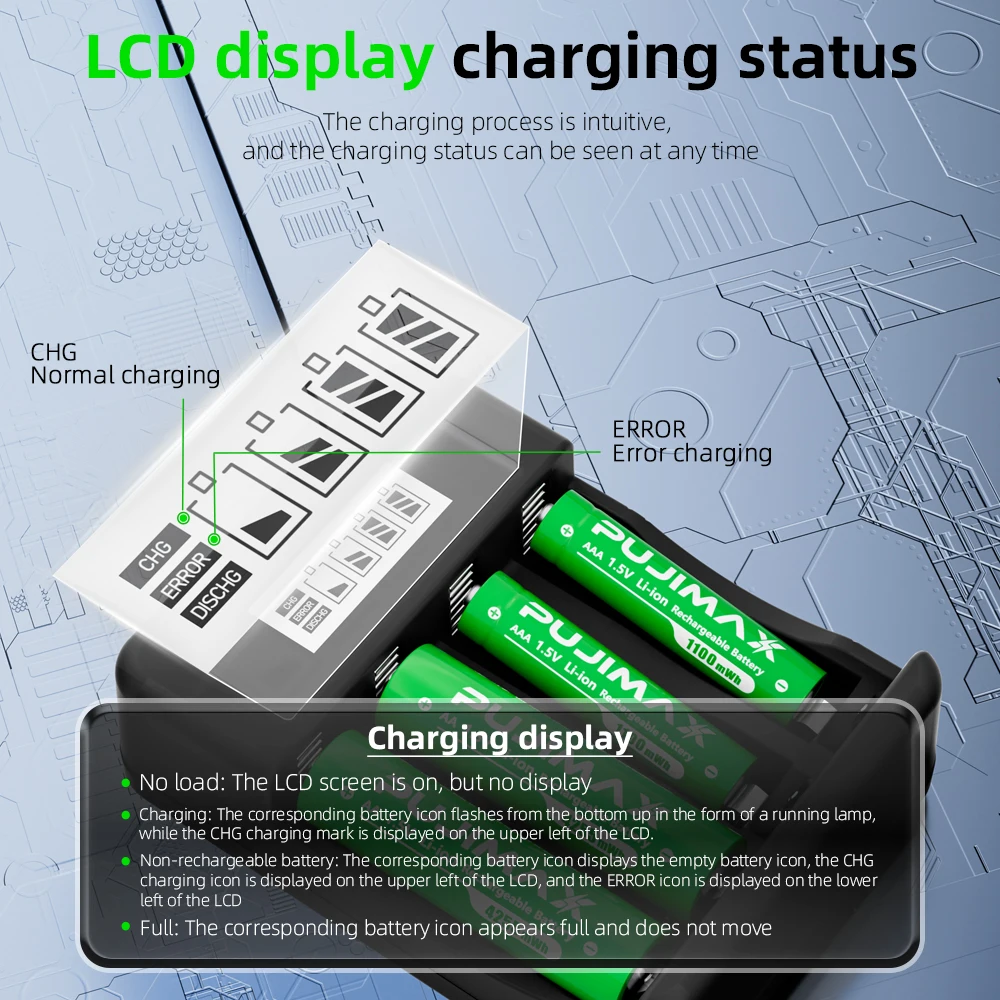 PUJIMAX Rechargeable Li-ion Battery 1.5V AA 4255mWh AAA 1100mWh+Charger for Clock Radio Video Game Digital Camera AA AAA Battery