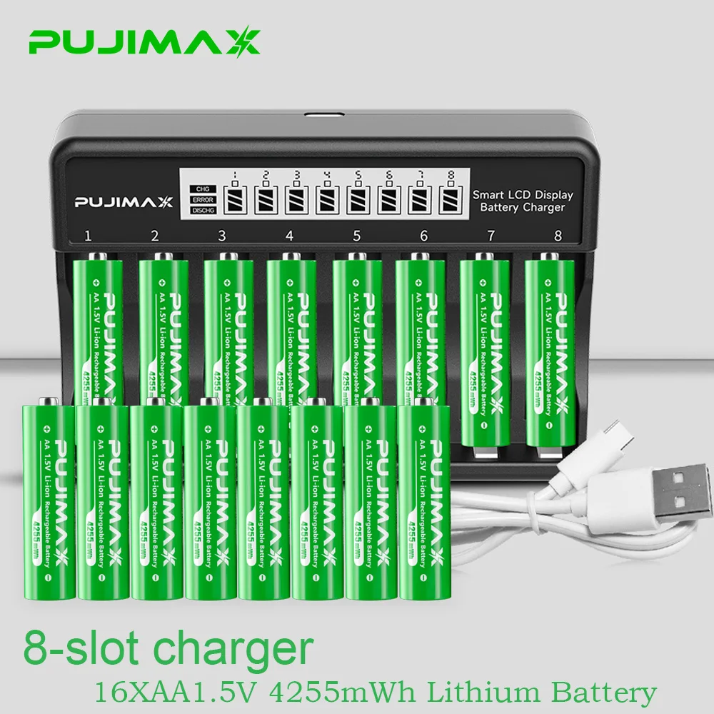 PUJIMAX Rechargeable Li-ion Battery 1.5V AA 4255mWh AAA 1100mWh+Charger for Clock Radio Video Game Digital Camera AA AAA Battery