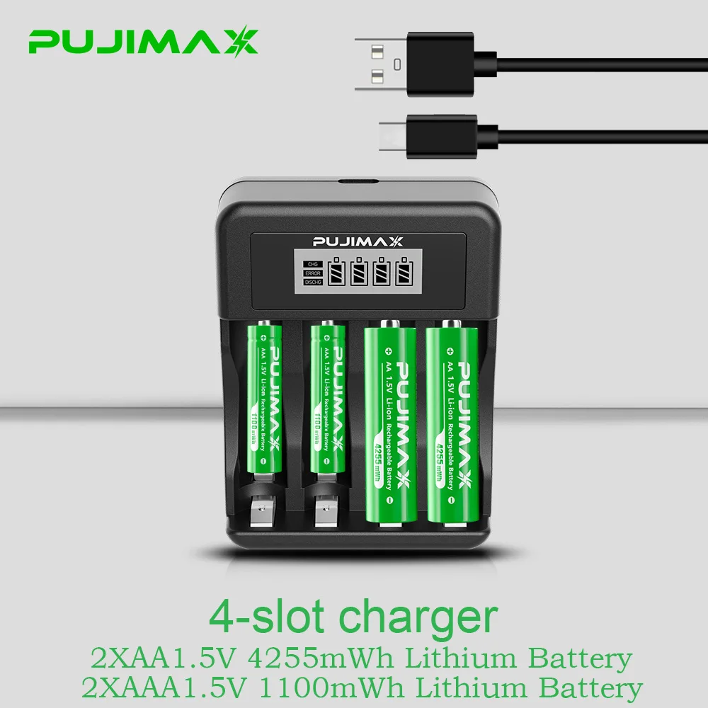 PUJIMAX Rechargeable Li-ion Battery 1.5V AA 4255mWh AAA 1100mWh+Charger for Clock Radio Video Game Digital Camera AA AAA Battery