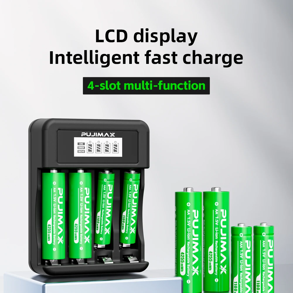 PUJIMAX Rechargeable Li-ion Battery 1.5V AA 4255mWh AAA 1100mWh+Charger for Clock Radio Video Game Digital Camera AA AAA Battery