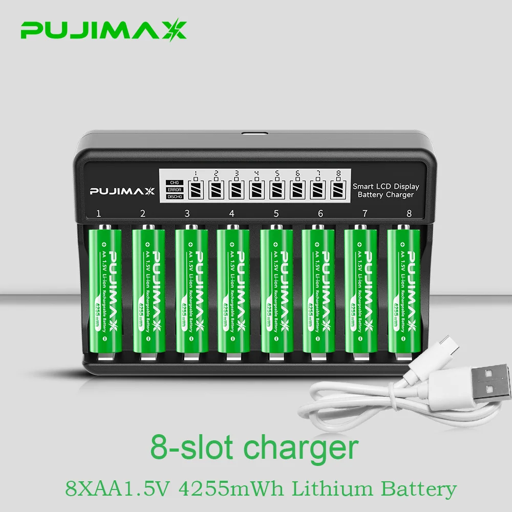 PUJIMAX Rechargeable Li-ion Battery 1.5V AA 4255mWh AAA 1100mWh+Charger for Clock Radio Video Game Digital Camera AA AAA Battery