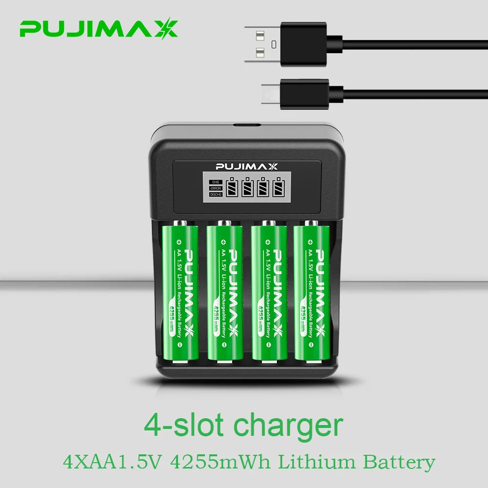 PUJIMAX Rechargeable Li-ion Battery 1.5V AA 4255mWh AAA 1100mWh+Charger for Clock Radio Video Game Digital Camera AA AAA Battery