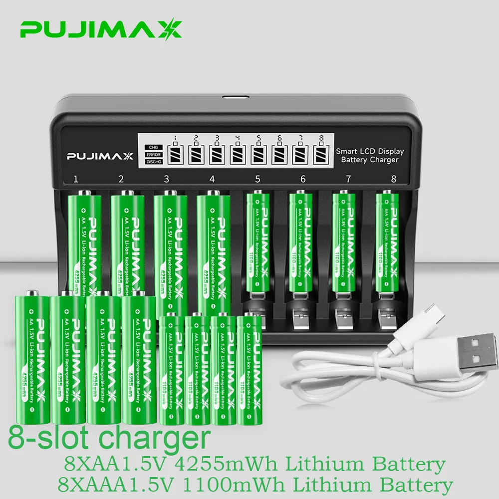 PUJIMAX Rechargeable Li-ion Battery 1.5V AA 4255mWh AAA 1100mWh+Charger for Clock Radio Video Game Digital Camera AA AAA Battery