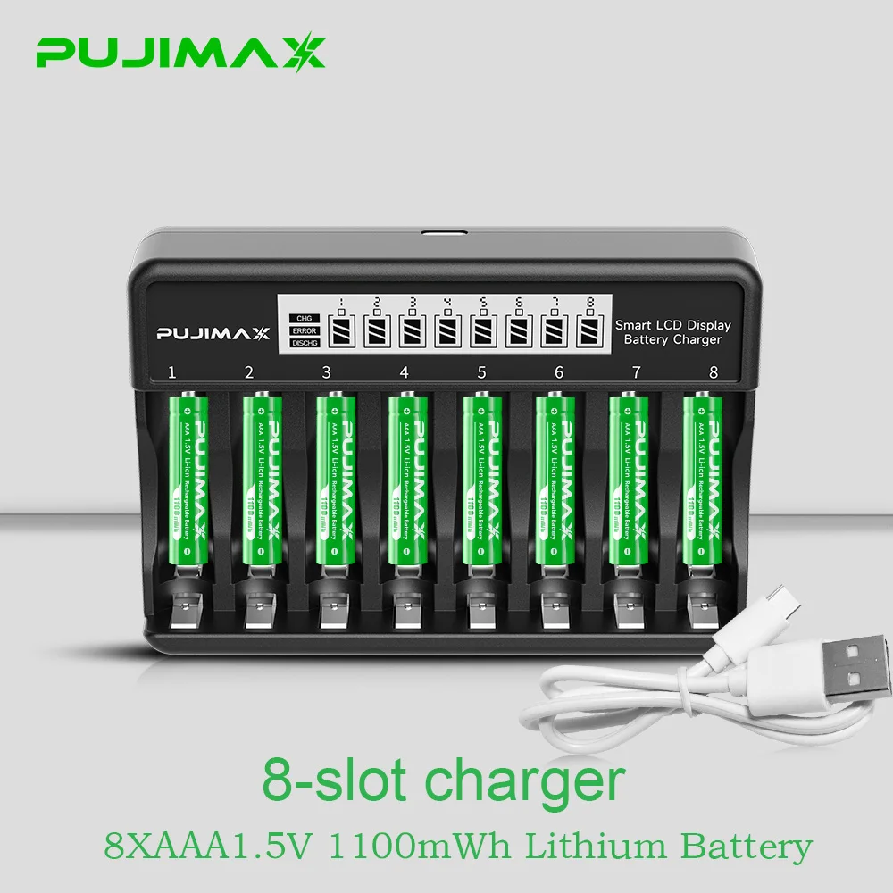 PUJIMAX Rechargeable Li-ion Battery 1.5V AA 4255mWh AAA 1100mWh+Charger for Clock Radio Video Game Digital Camera AA AAA Battery