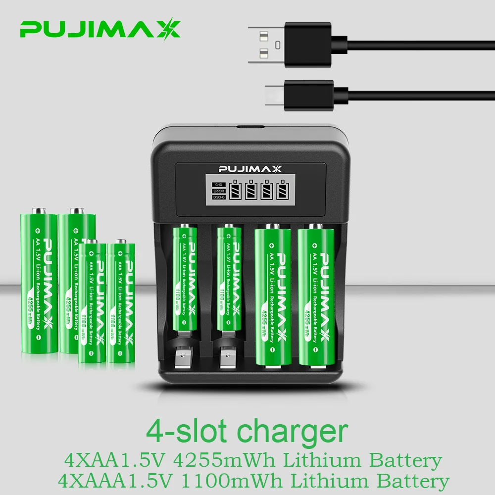 PUJIMAX Rechargeable Li-ion Battery 1.5V AA 4255mWh AAA 1100mWh+Charger for Clock Radio Video Game Digital Camera AA AAA Battery