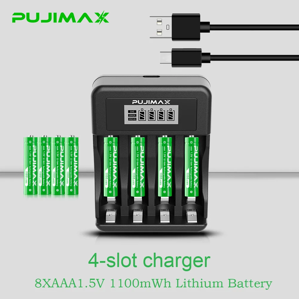 PUJIMAX Rechargeable Li-ion Battery 1.5V AA 4255mWh AAA 1100mWh+Charger for Clock Radio Video Game Digital Camera AA AAA Battery
