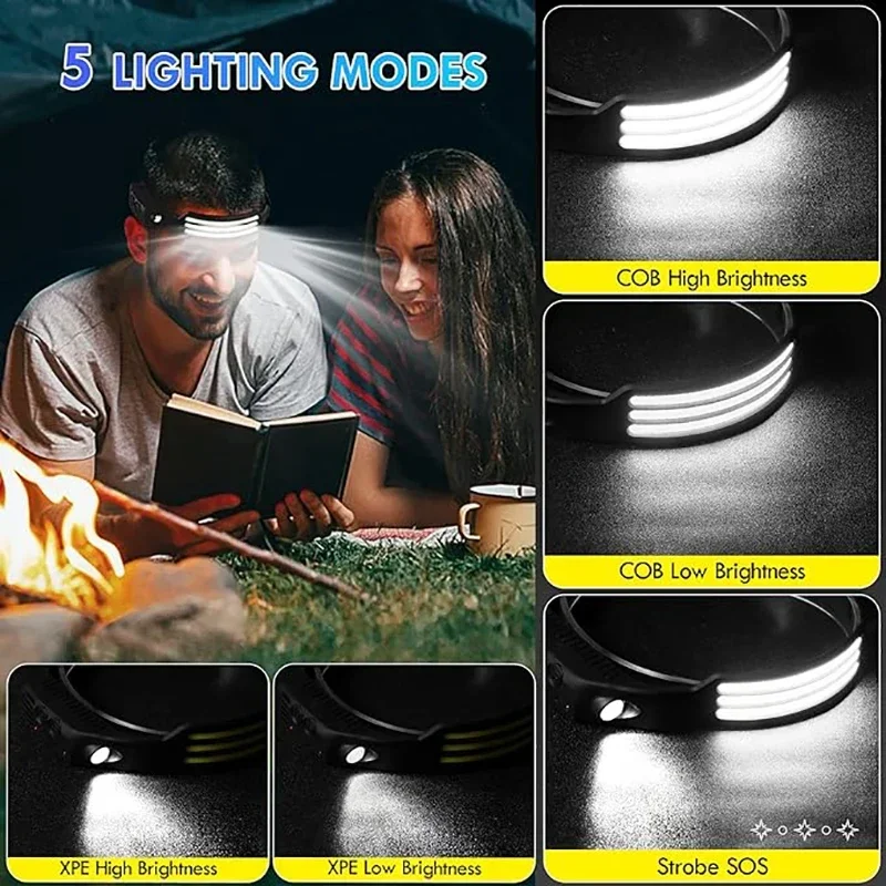 LED Sensor Headlamp USB Rechargeable Led Head Torch Built-in Battery Head Flashlight Outdoor Camping Fishing Headlight Lantern