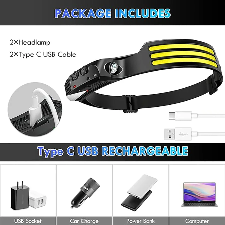 LED Sensor Headlamp USB Rechargeable Led Head Torch Built-in Battery Head Flashlight Outdoor Camping Fishing Headlight Lantern