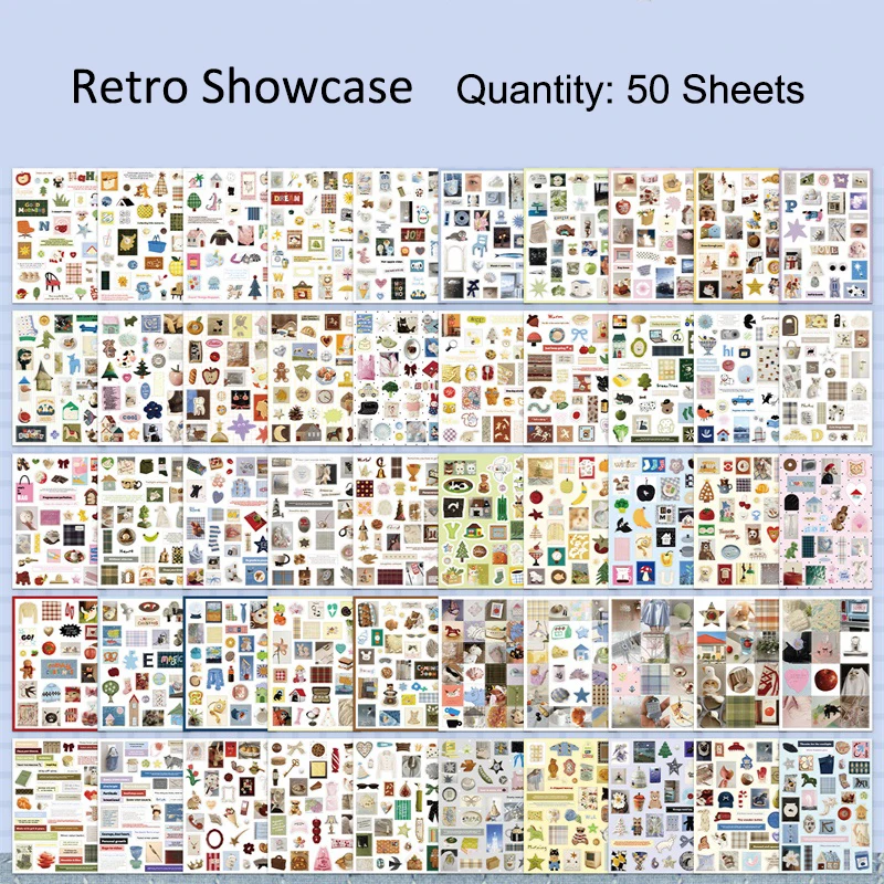 50 Sheets Retro Cartoon Sticker Book Paper Aesthetic Decals for Journaling Scrapbooking Laptop Water Bottle Planner Accessories