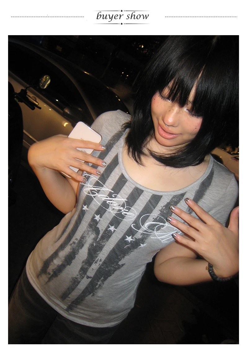 Karrcat Trashy Y2k Striped Letter Print T-shirt Grunge Aesthetics Short Sleeve Tee Shirt Vintage Punk Streetwear American Retro