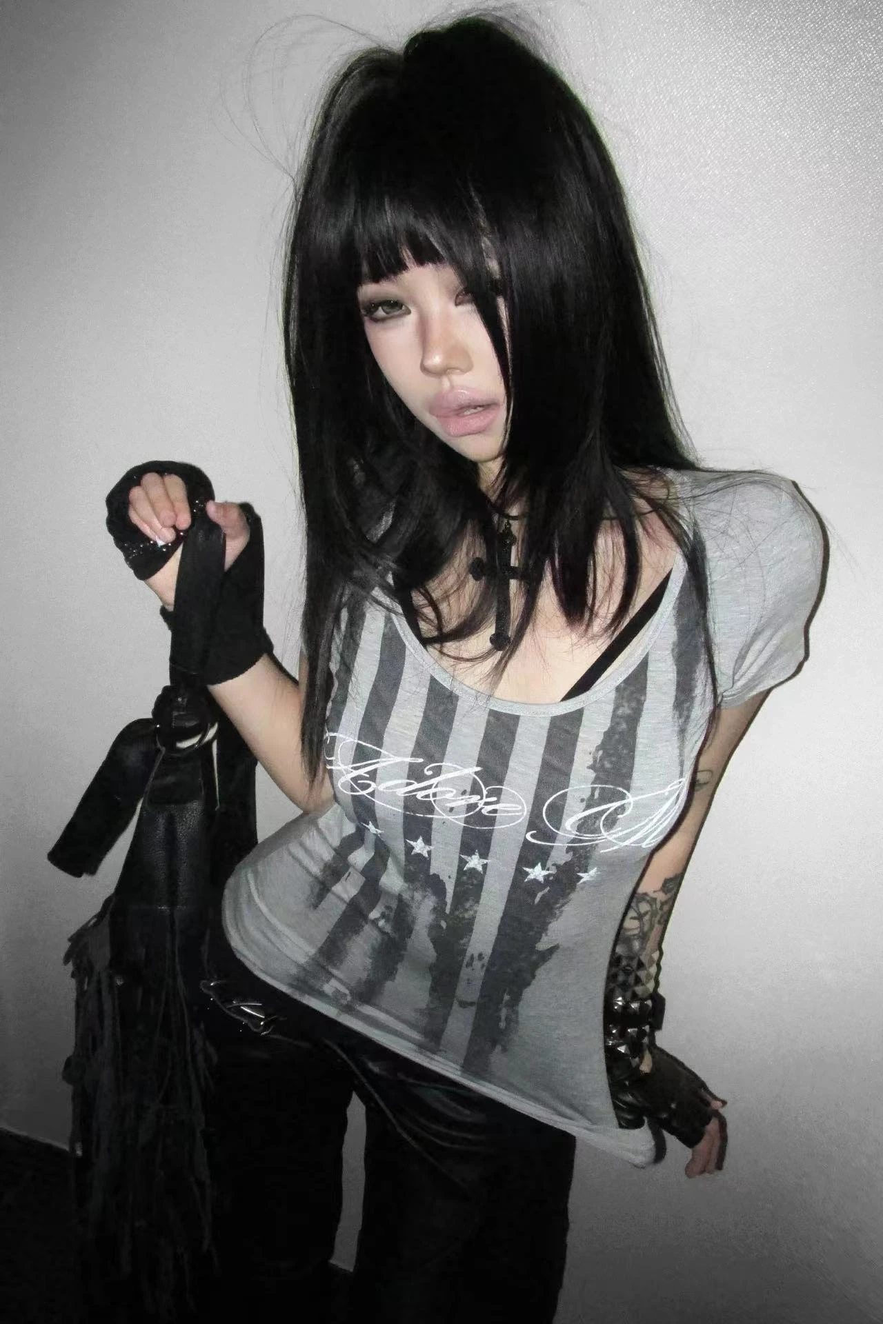 Karrcat Trashy Y2k Striped Letter Print T-shirt Grunge Aesthetics Short Sleeve Tee Shirt Vintage Punk Streetwear American Retro