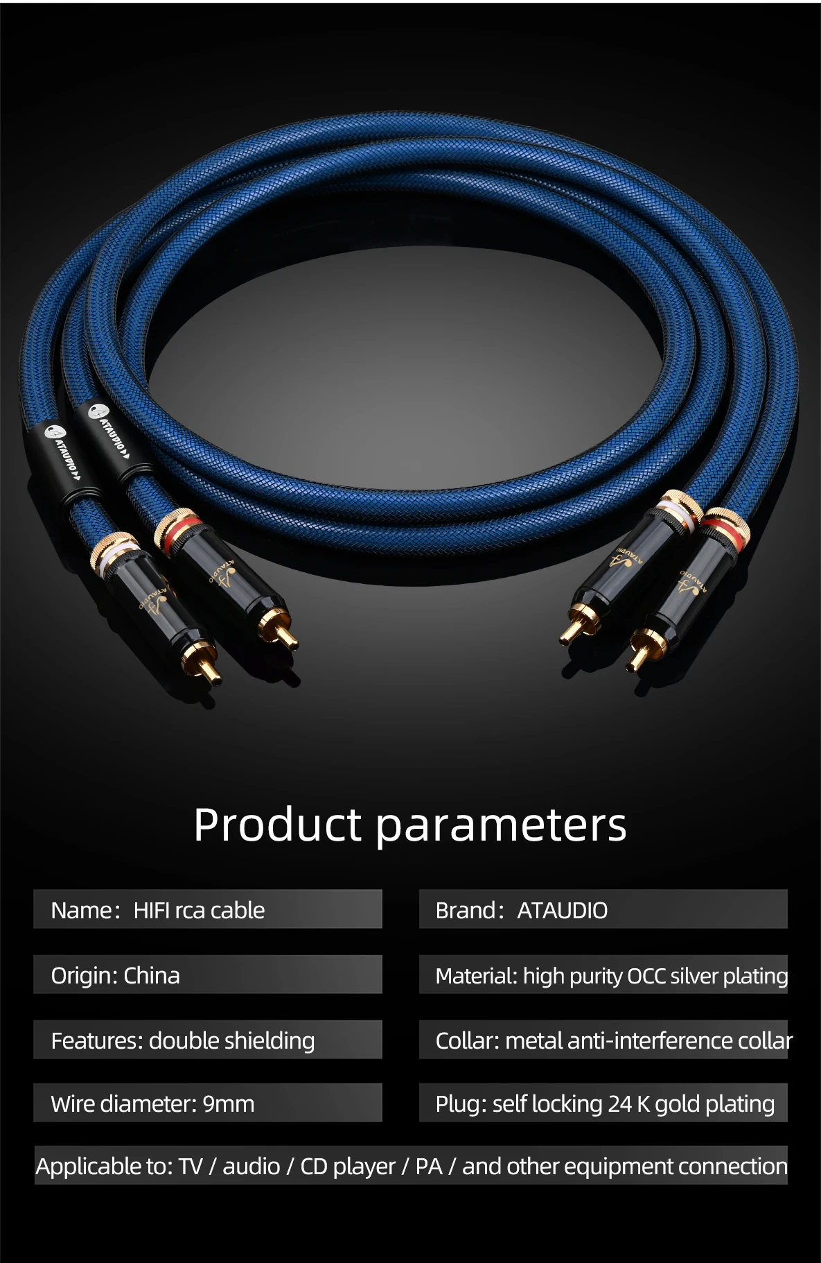 A Pair Hifi RCA Audio Cable OCC Silver Plated RCA Interconnect Cable with Self Locking Gold Plated RCA Plug