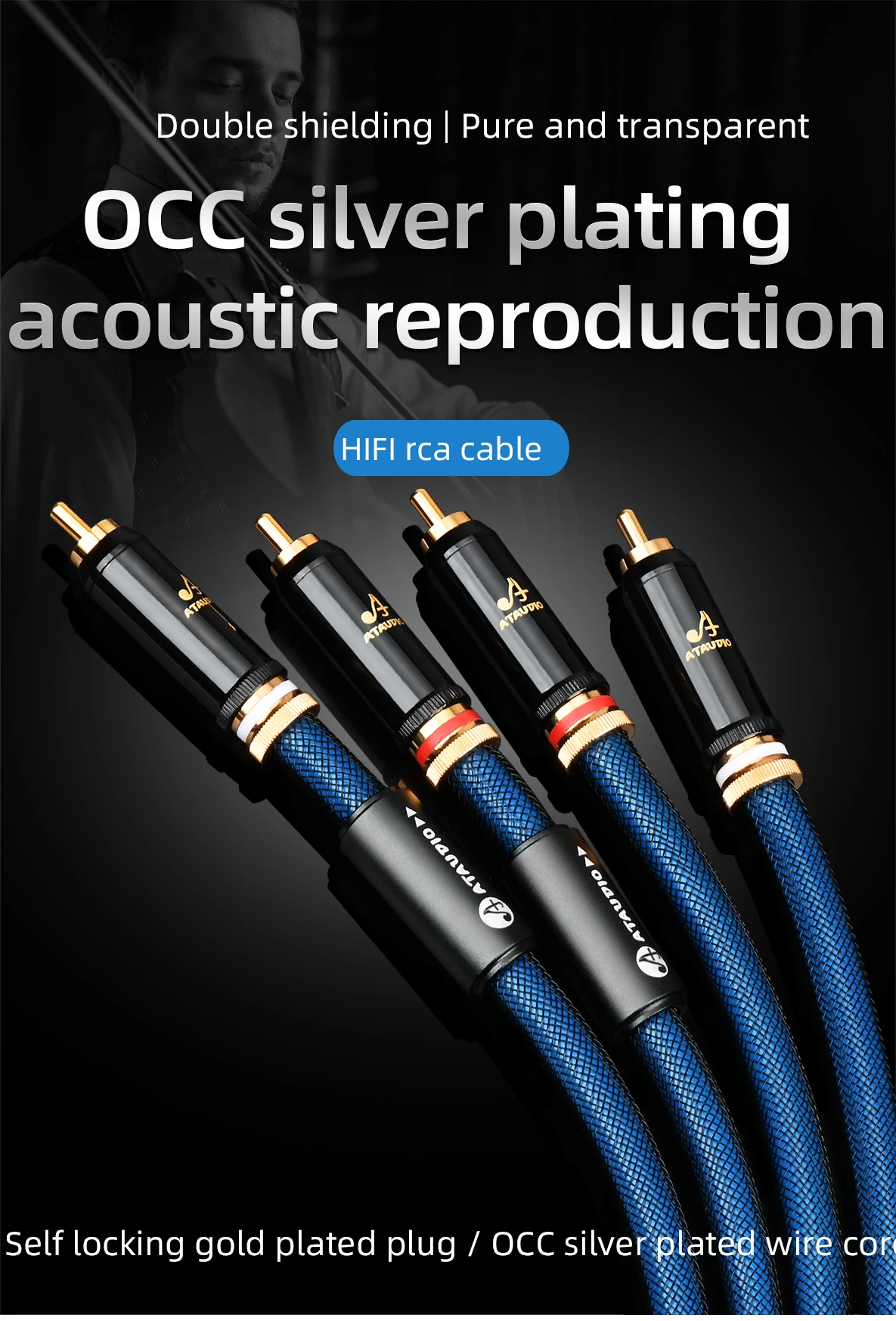 A Pair Hifi RCA Audio Cable OCC Silver Plated RCA Interconnect Cable with Self Locking Gold Plated RCA Plug