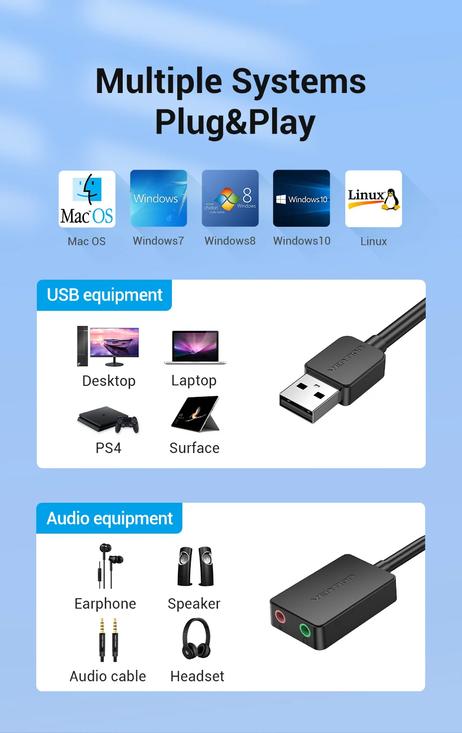Vention Sound Card USB to 3.5mm Audio Interface Adapter External Sound Card for PC Laptop PS4 Headset Microphone USB Sound Card