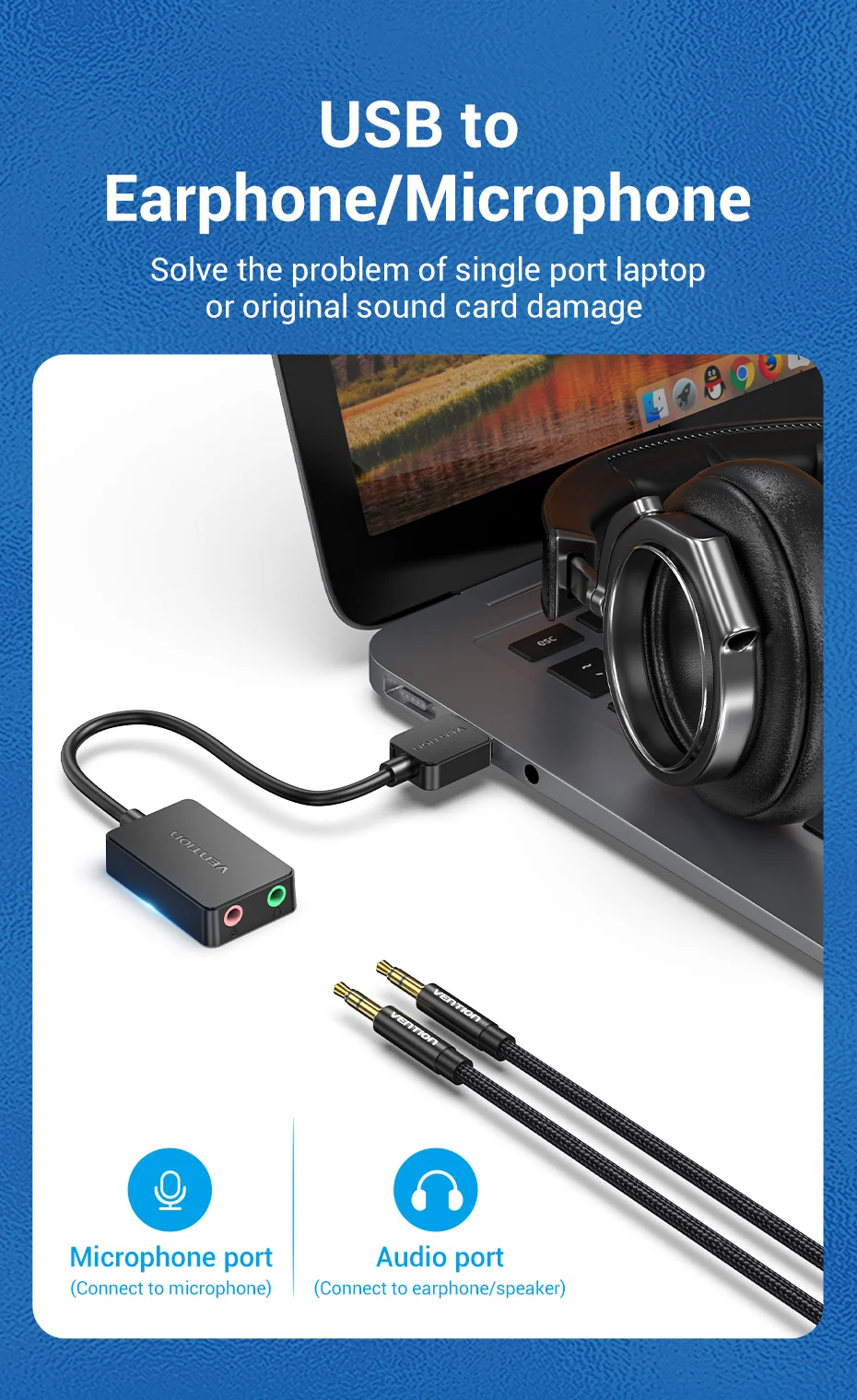 Vention Sound Card USB to 3.5mm Audio Interface Adapter External Sound Card for PC Laptop PS4 Headset Microphone USB Sound Card