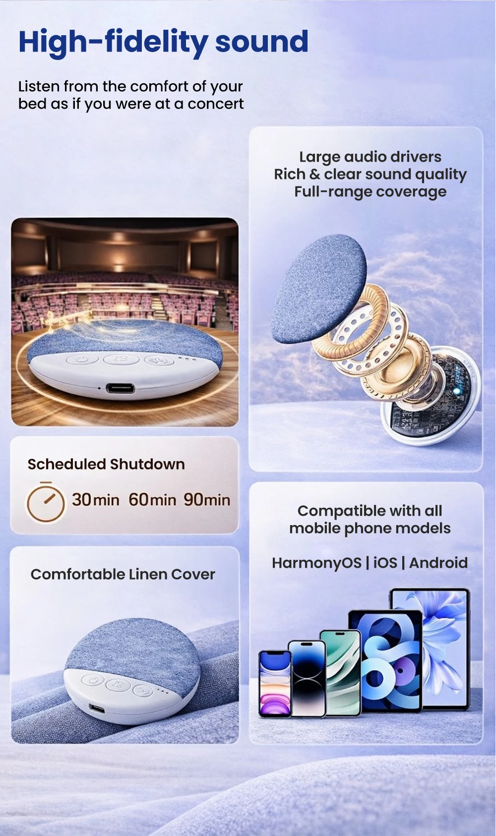 High Dynamic Sound Quality Bluetooth 5.3 Speaker Bedside Sleep-enhancing Audio Pillow Sleep Aid Speaker White Noise Sleep Pillow
