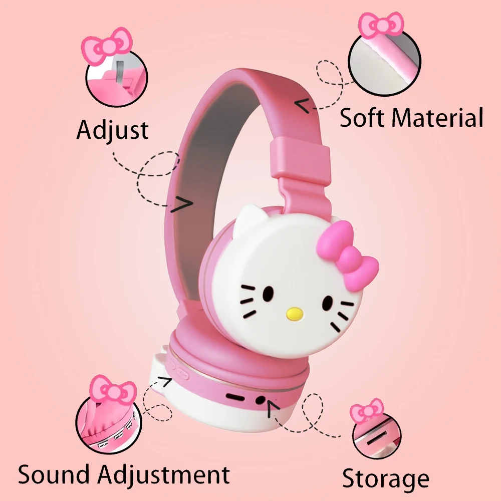 Sanrio Bluetooth Headphone Hello Kitty Wireless Headsets Cartoon Mic Foldable Lightweight Earphone for Phones Laptop Gift Pink