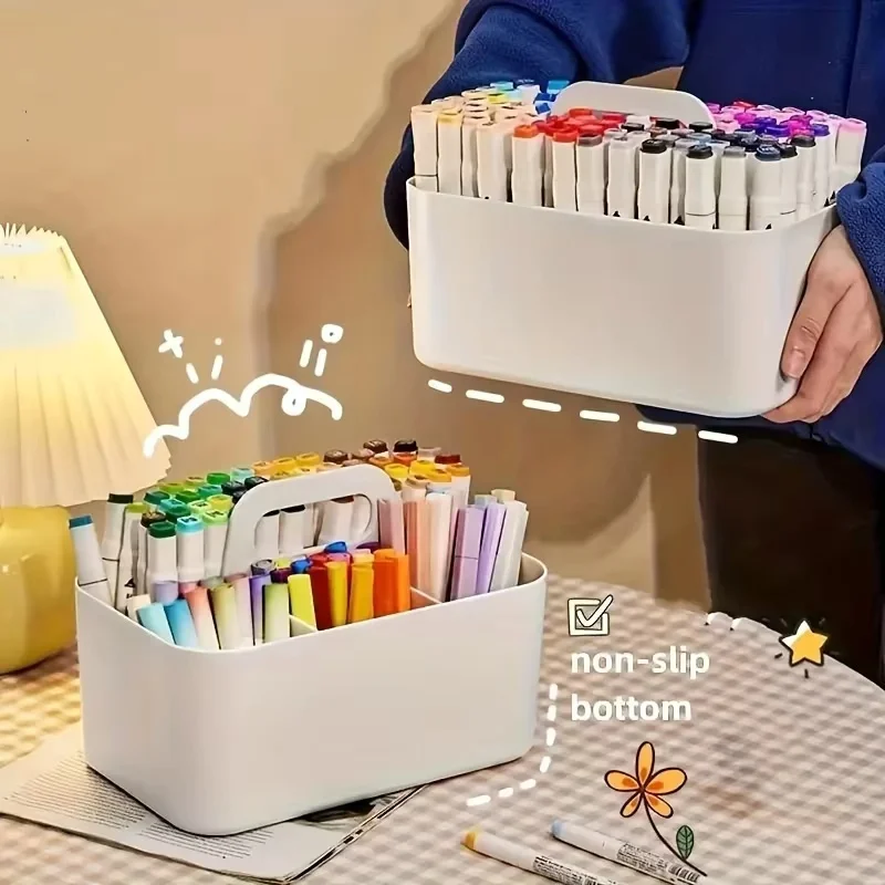 5-Compartment Plastic Storage Basket with Handle, Portable Office Desk Organizer for Pens, Pencils, Stationery, Mixed Color