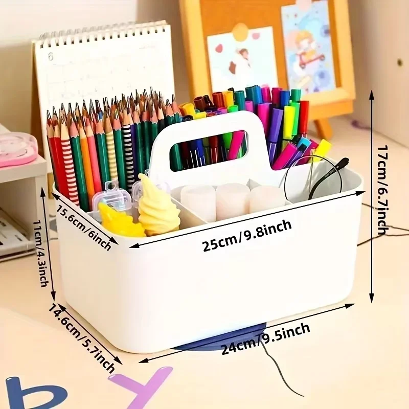 5-Compartment Plastic Storage Basket with Handle, Portable Office Desk Organizer for Pens, Pencils, Stationery, Mixed Color