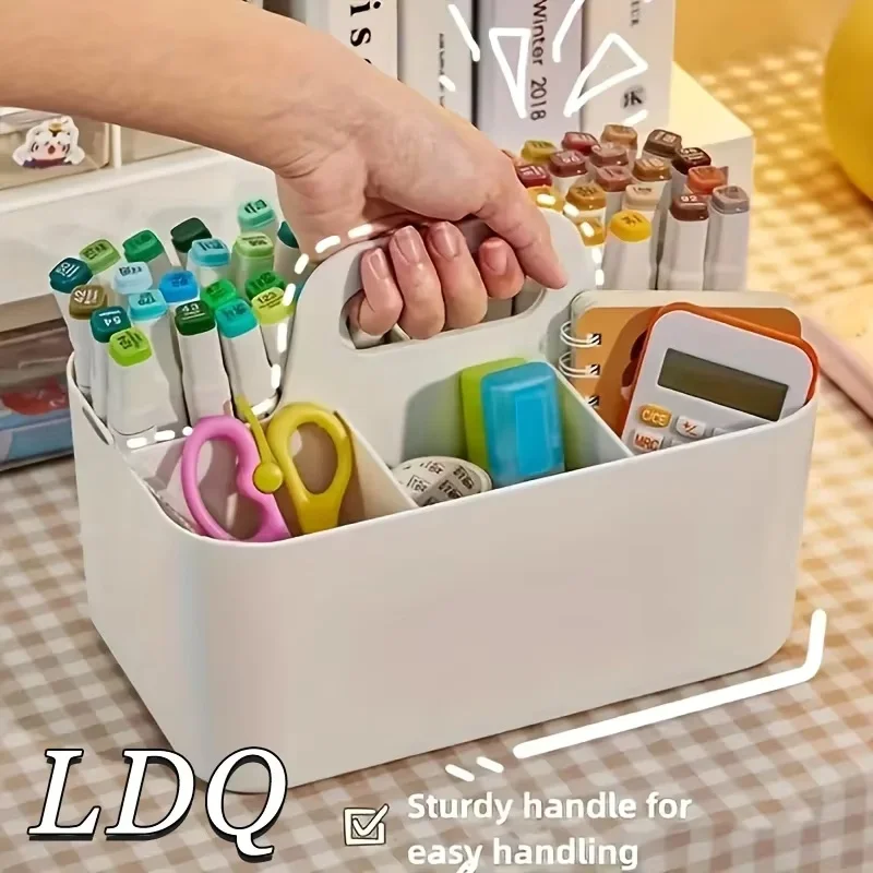 5-Compartment Plastic Storage Basket with Handle, Portable Office Desk Organizer for Pens, Pencils, Stationery, Mixed Color