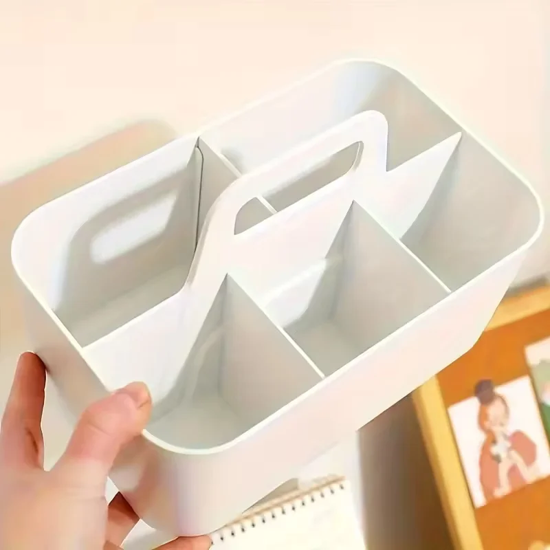 5-Compartment Plastic Storage Basket with Handle, Portable Office Desk Organizer for Pens, Pencils, Stationery, Mixed Color