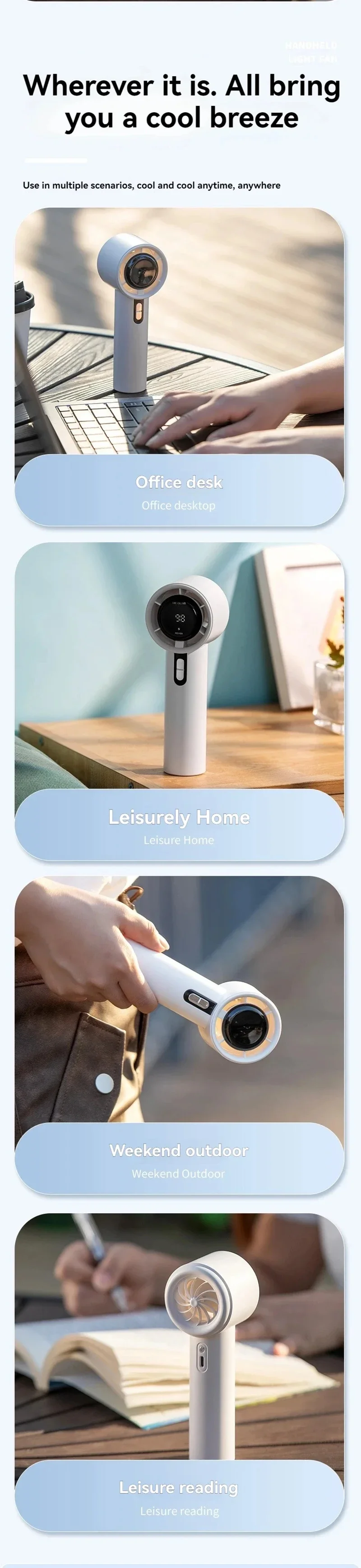 Lenovo Ultra Quiet 100 Speed Handheld Fan ​​USB Rechargeable Portable Mini Turbo Fan for Office and Travel with LED Indicator