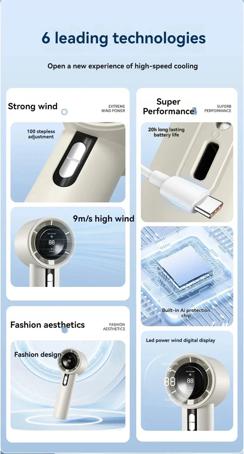 Lenovo Ultra Quiet 100 Speed Handheld Fan ​​USB Rechargeable Portable Mini Turbo Fan for Office and Travel with LED Indicator