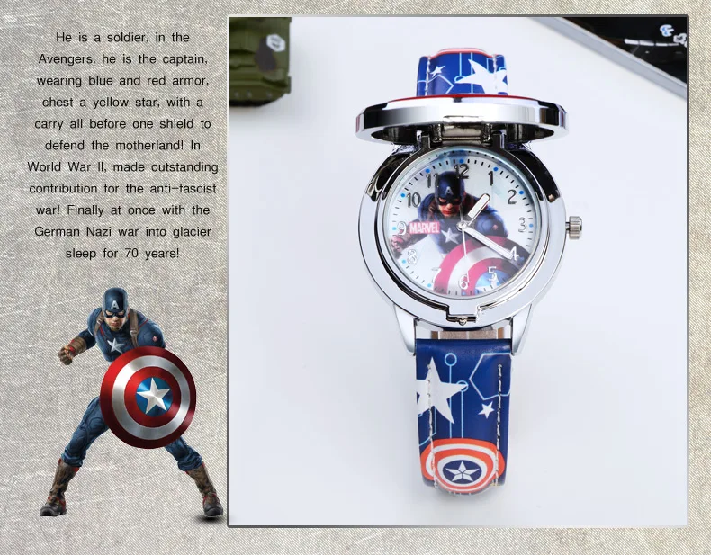 Marvel spiderman Kids watch Captain America ironman children's watches Leather Quartz Flip Metal Case Watches Boys Clock gifts