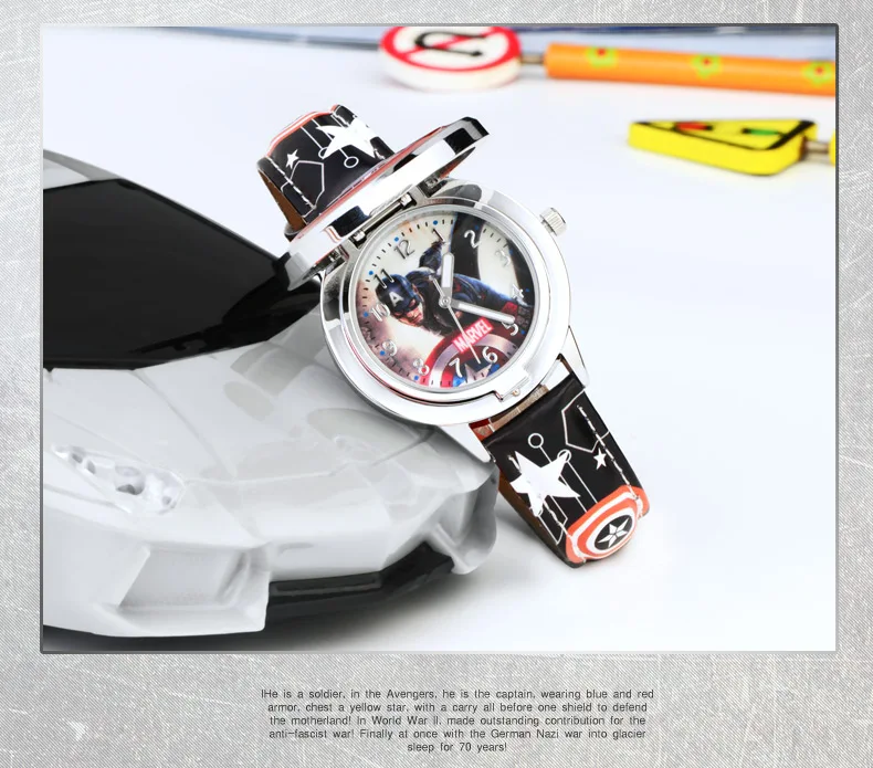 Marvel spiderman Kids watch Captain America ironman children's watches Leather Quartz Flip Metal Case Watches Boys Clock gifts