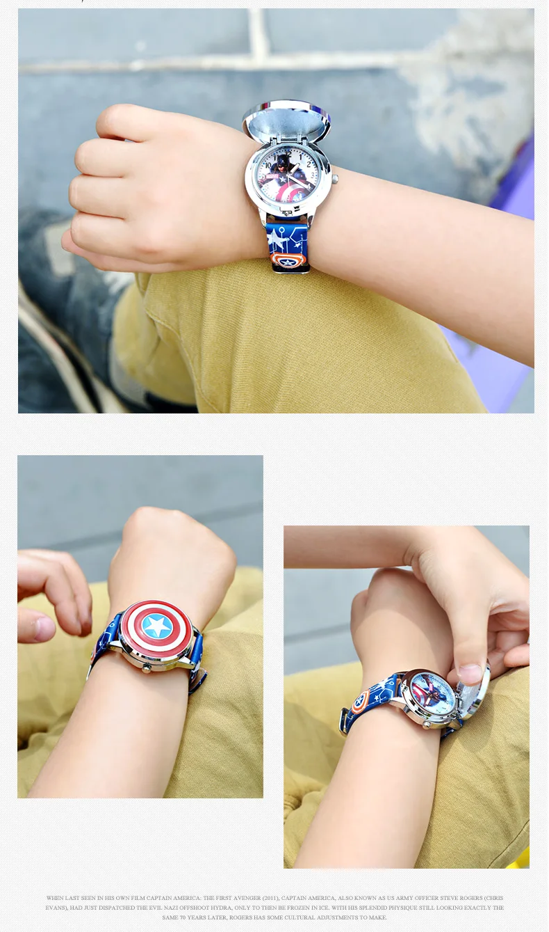 Marvel spiderman Kids watch Captain America ironman children's watches Leather Quartz Flip Metal Case Watches Boys Clock gifts