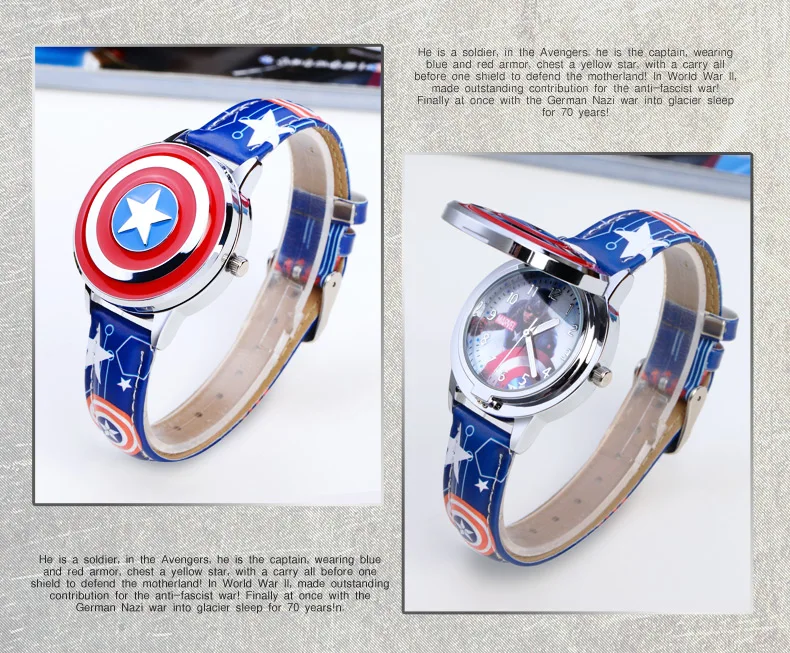 Marvel spiderman Kids watch Captain America ironman children's watches Leather Quartz Flip Metal Case Watches Boys Clock gifts