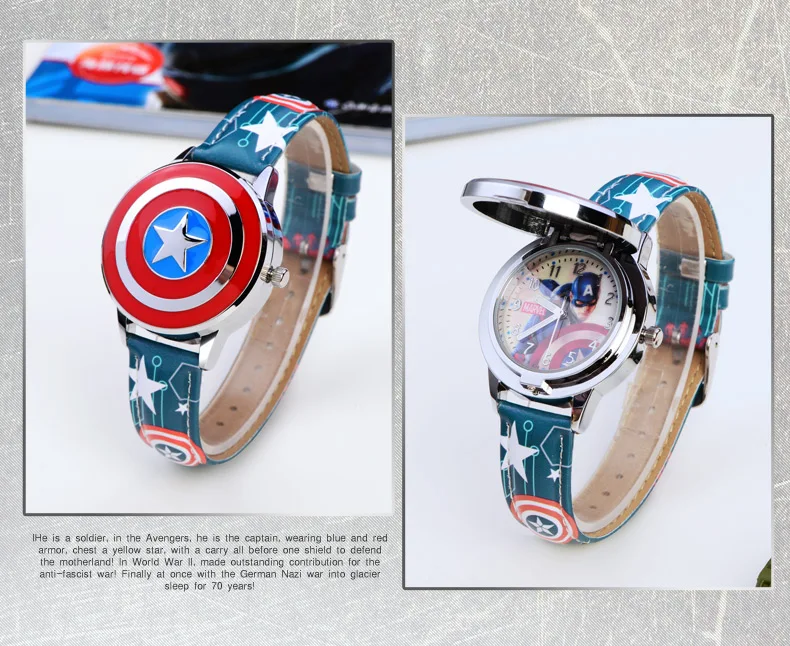 Marvel spiderman Kids watch Captain America ironman children's watches Leather Quartz Flip Metal Case Watches Boys Clock gifts