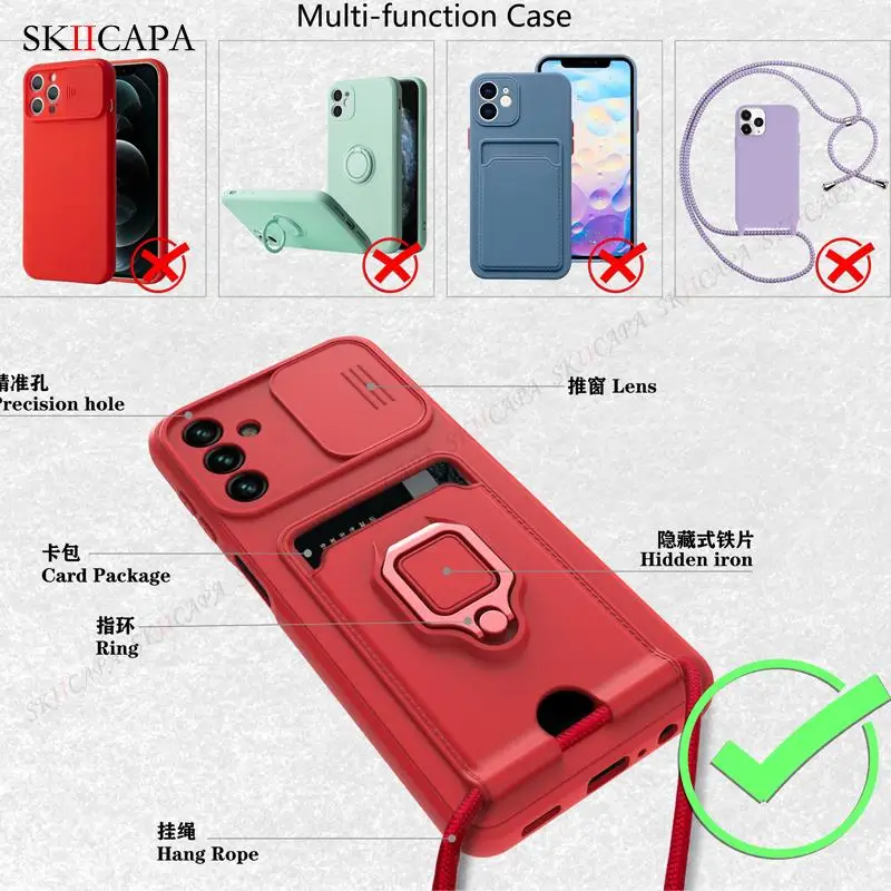 Crossbody Chain Lanyard Slide Case For Samsung A13 A23 A32 A53 A73 5G Wallet Card Slot Cover for Samsung M32 A51 A71 4G A52S A72