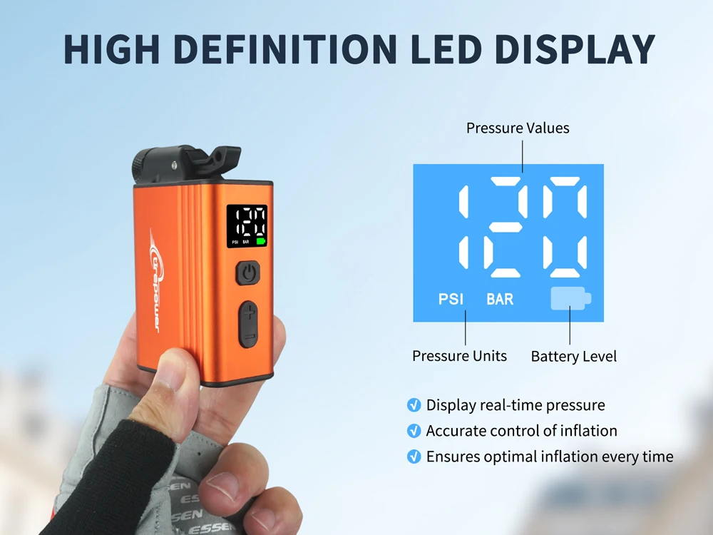 120 PSI Portable Electric Inflator Pump Custom Tire Pressure Display Tire Inflator MTB Road Bike with Schrader Presta Clik Valve