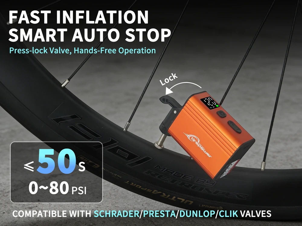120 PSI Portable Electric Inflator Pump Custom Tire Pressure Display Tire Inflator MTB Road Bike with Schrader Presta Clik Valve