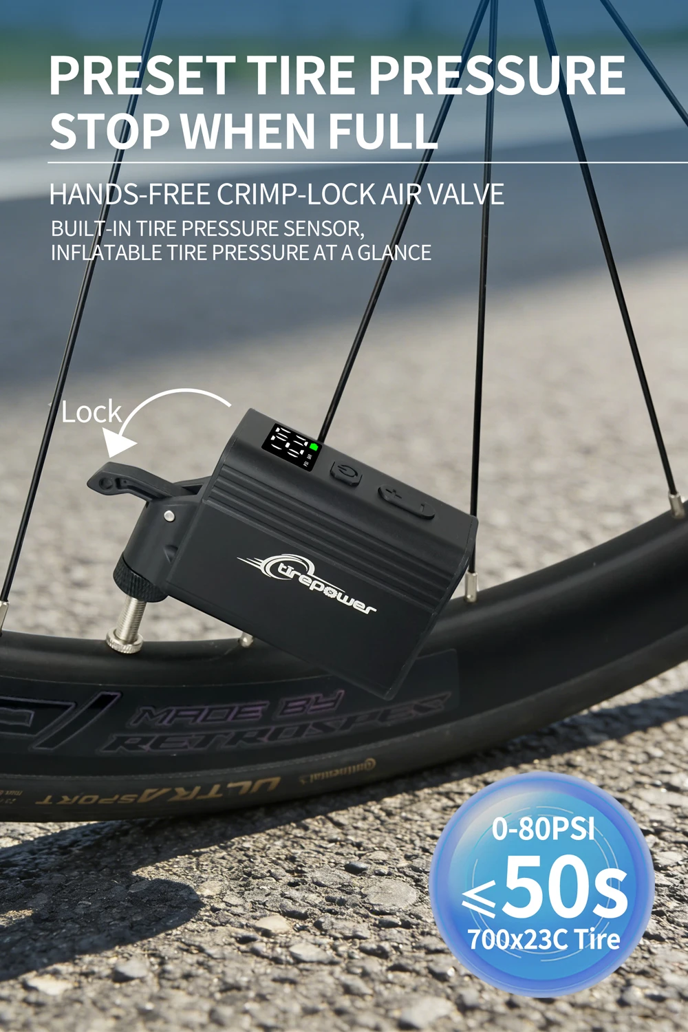 120 PSI Portable Electric Inflator Pump Custom Tire Pressure Display Tire Inflator MTB Road Bike with Schrader Presta Clik Valve