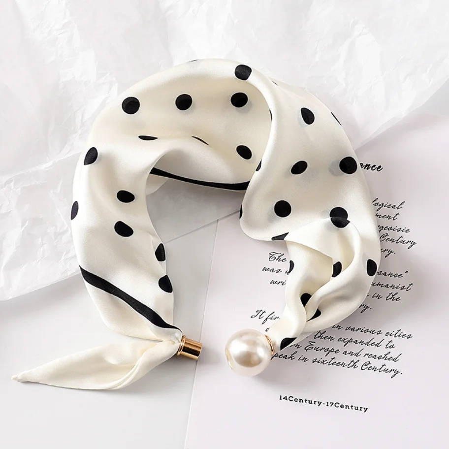 New Summer Pearl Decoration Magnetic Buckle Silk Scarf Versatile Neck Protection Fashionable High End Matching Shirt Scarf Lady