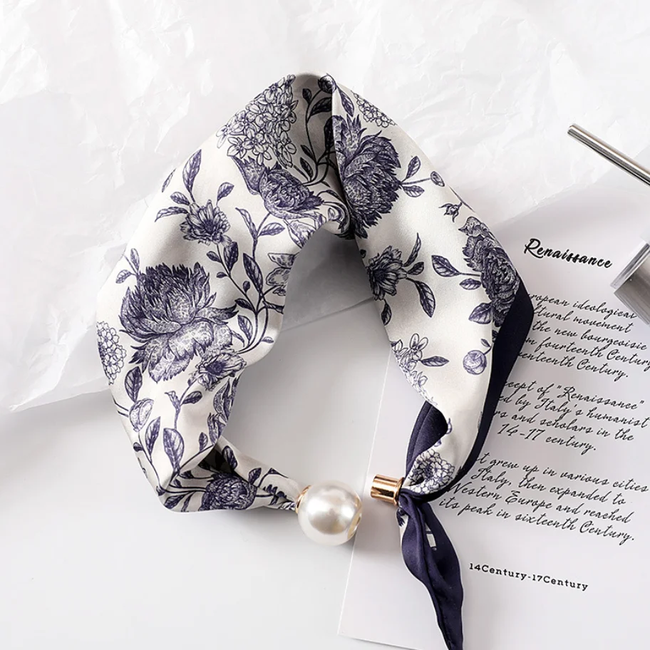 New Summer Pearl Decoration Magnetic Buckle Silk Scarf Versatile Neck Protection Fashionable High End Matching Shirt Scarf Lady