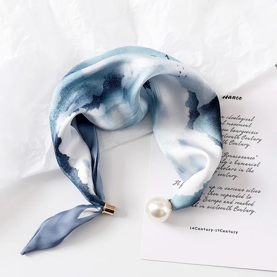 New Summer Pearl Decoration Magnetic Buckle Silk Scarf Versatile Neck Protection Fashionable High End Matching Shirt Scarf Lady