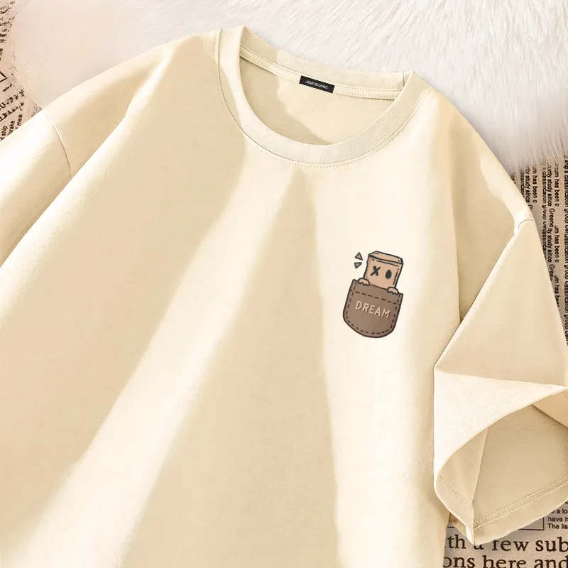 American Vintage Simple Design Print Short Sleeve T-shirt Men Heavyweight Oversized Loose Couple Teenagers Round Neck Sport Top