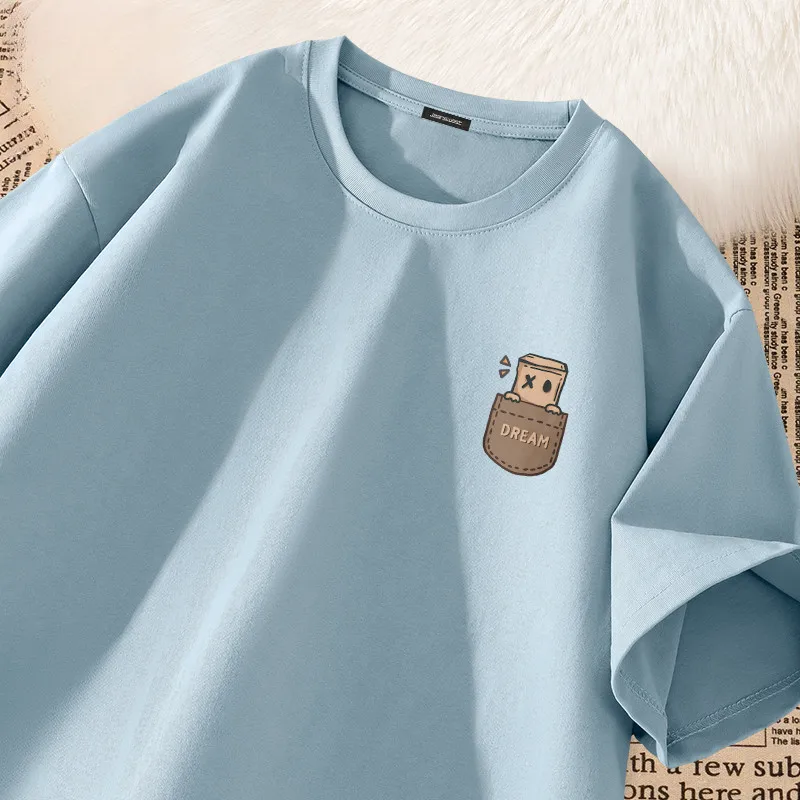 American Vintage Simple Design Print Short Sleeve T-shirt Men Heavyweight Oversized Loose Couple Teenagers Round Neck Sport Top