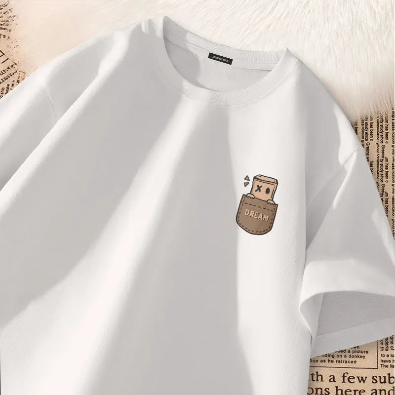 American Vintage Simple Design Print Short Sleeve T-shirt Men Heavyweight Oversized Loose Couple Teenagers Round Neck Sport Top