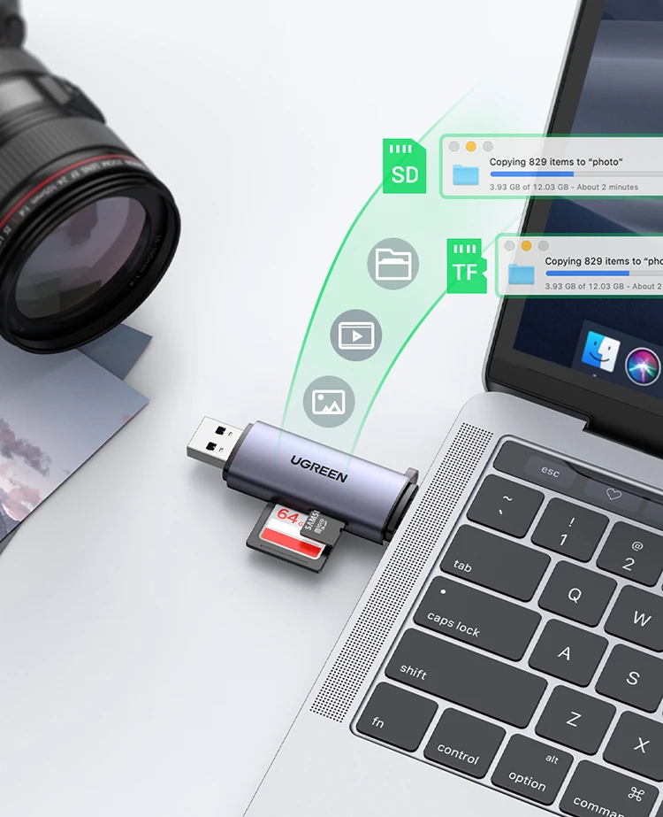 UGREEN Card Reader USB3.0&USB C to SD MicroSD TF Thunderbolt 3 for PC Laptop Accessories Smart Memory Cardreader SD Card Adapter