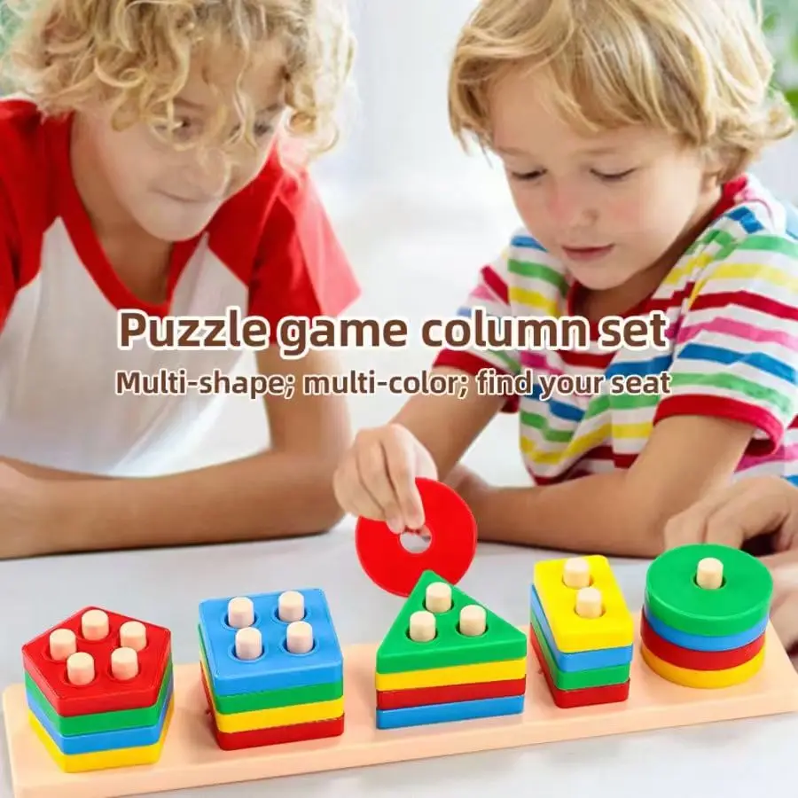Geometric Shape Matching Block Toy Set | Early Education Cognitive Toy for Infants 0-3 Years Old | Four-Column Peg Matching Game