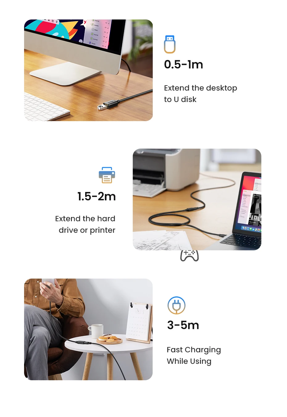 UGREEN USB 3.0 Cable USB Extension Cable Male to Female Data Cable USB 3.0 Extender Cord for PC USB Extension Cable