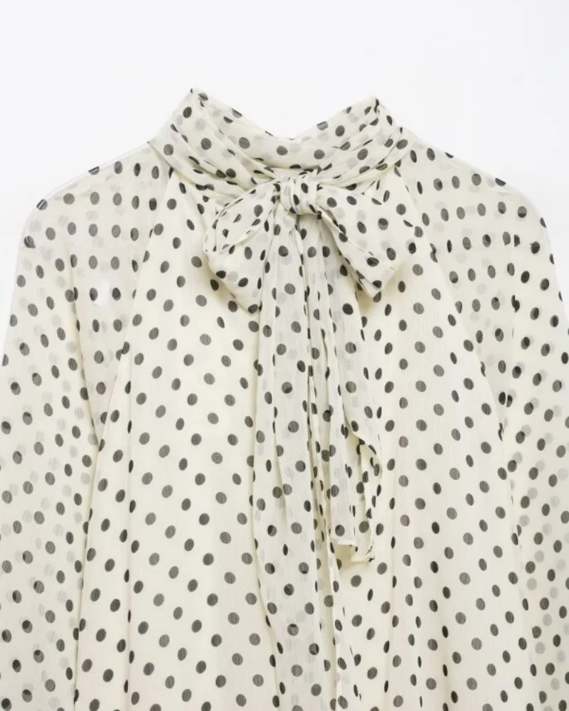 2026 Elegant Women Polka Dot Blouse, Spring Bow Tie Lantern Sleeve Layered Neck Chiffon Shirt, Casual Daily Office Top