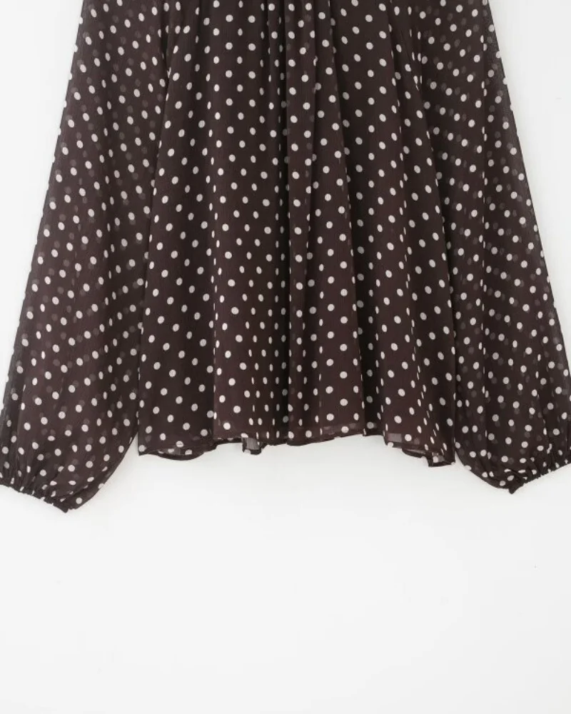 2026 Elegant Women Polka Dot Blouse, Spring Bow Tie Lantern Sleeve Layered Neck Chiffon Shirt, Casual Daily Office Top