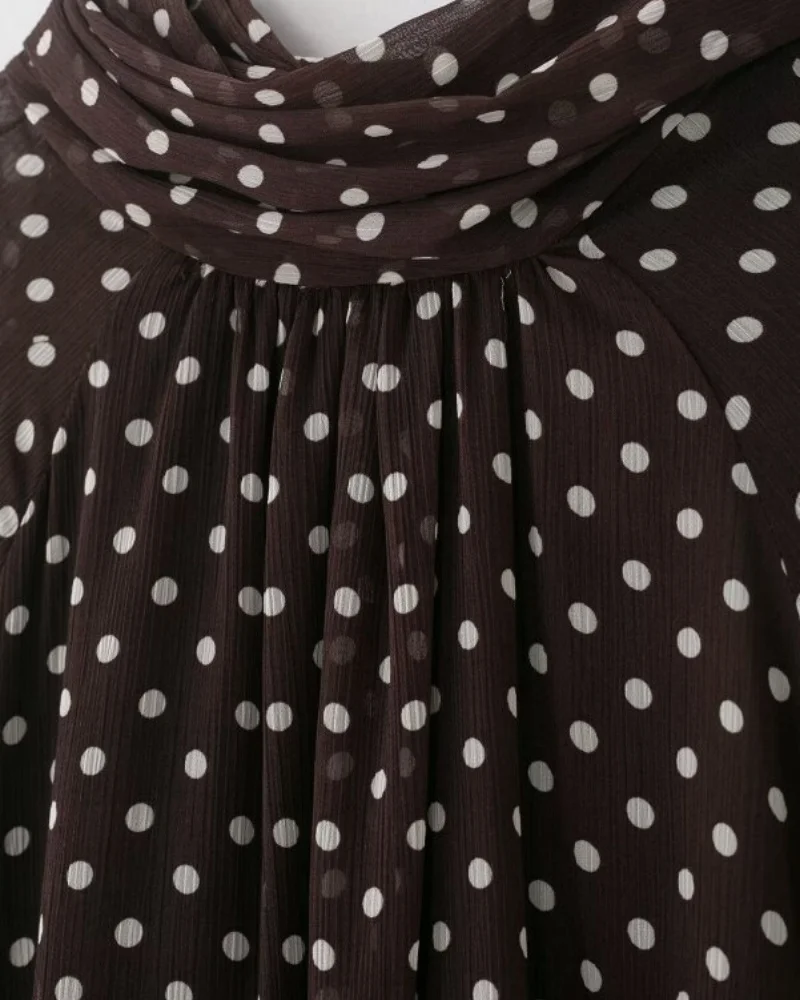 2026 Elegant Women Polka Dot Blouse, Spring Bow Tie Lantern Sleeve Layered Neck Chiffon Shirt, Casual Daily Office Top