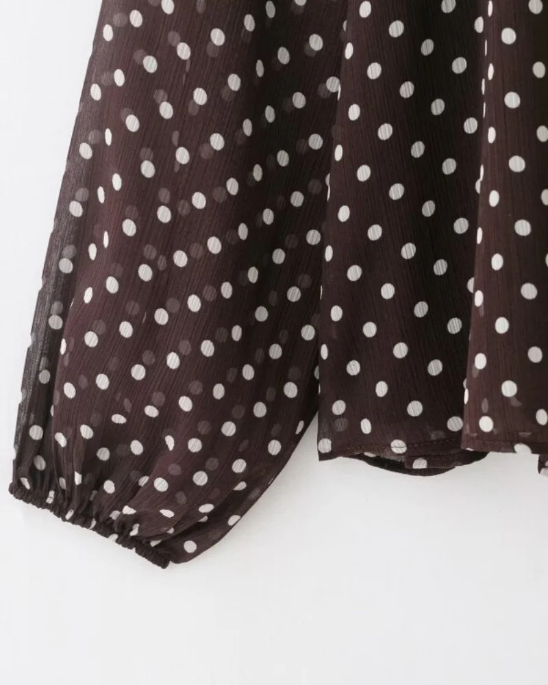 2026 Elegant Women Polka Dot Blouse, Spring Bow Tie Lantern Sleeve Layered Neck Chiffon Shirt, Casual Daily Office Top