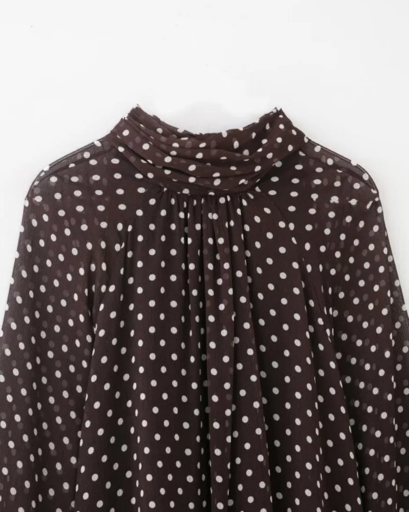 2026 Elegant Women Polka Dot Blouse, Spring Bow Tie Lantern Sleeve Layered Neck Chiffon Shirt, Casual Daily Office Top